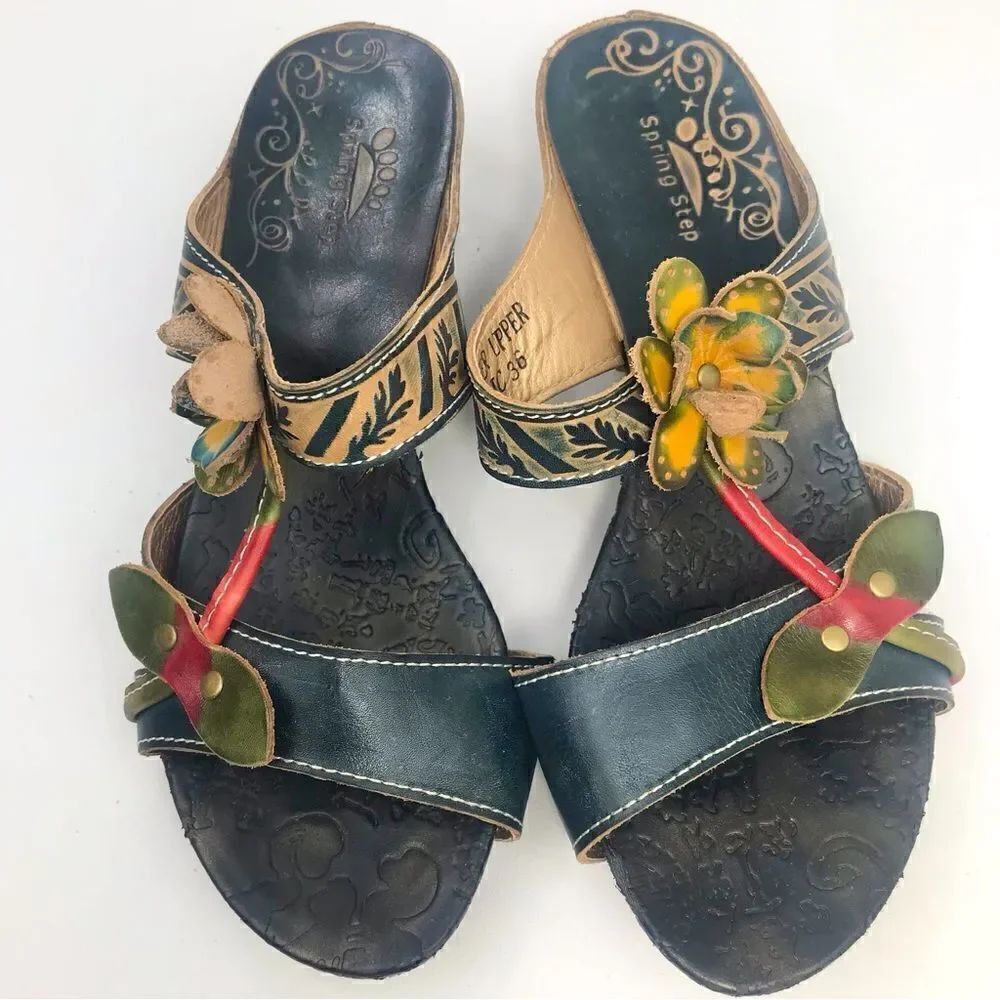 Spring Step Tooled Leather Colorful Flower Slip On Wedge Sandals